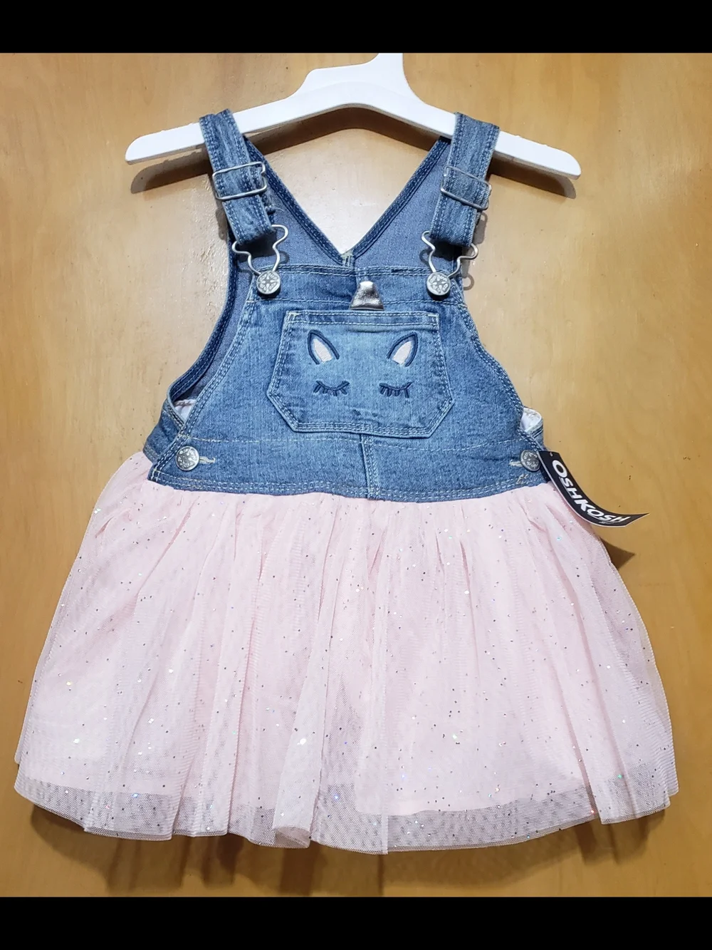 OshKosh B'gosh Denim Overall Dress with Light Pink Tulle Skirt